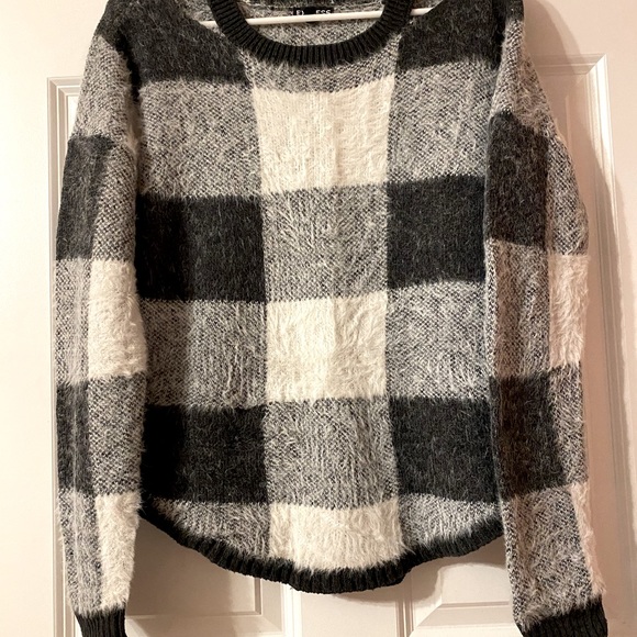 Express Sweaters - Black grey white plaid a soft fuzzy very comfy cold shoulder sweater